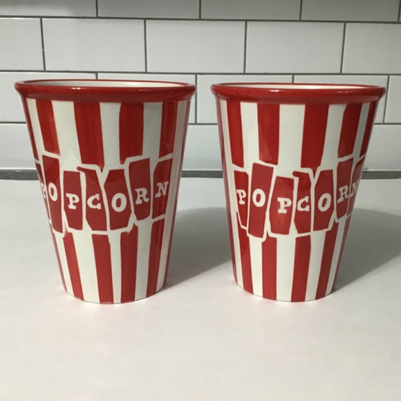 VTG Ceramic Popcorn Bucket Bowl Set Tub 6" Painted Red White Stripe - Picture 3 of 6